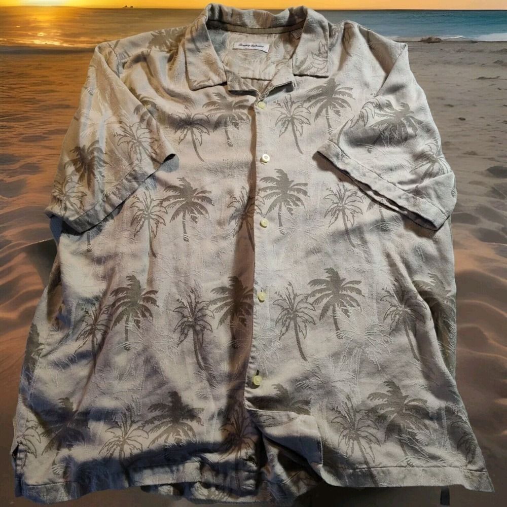 Tommy Bahama Gray XXL Silk Button Up Shirt Hawaiian Palms Tropical Floral 1089